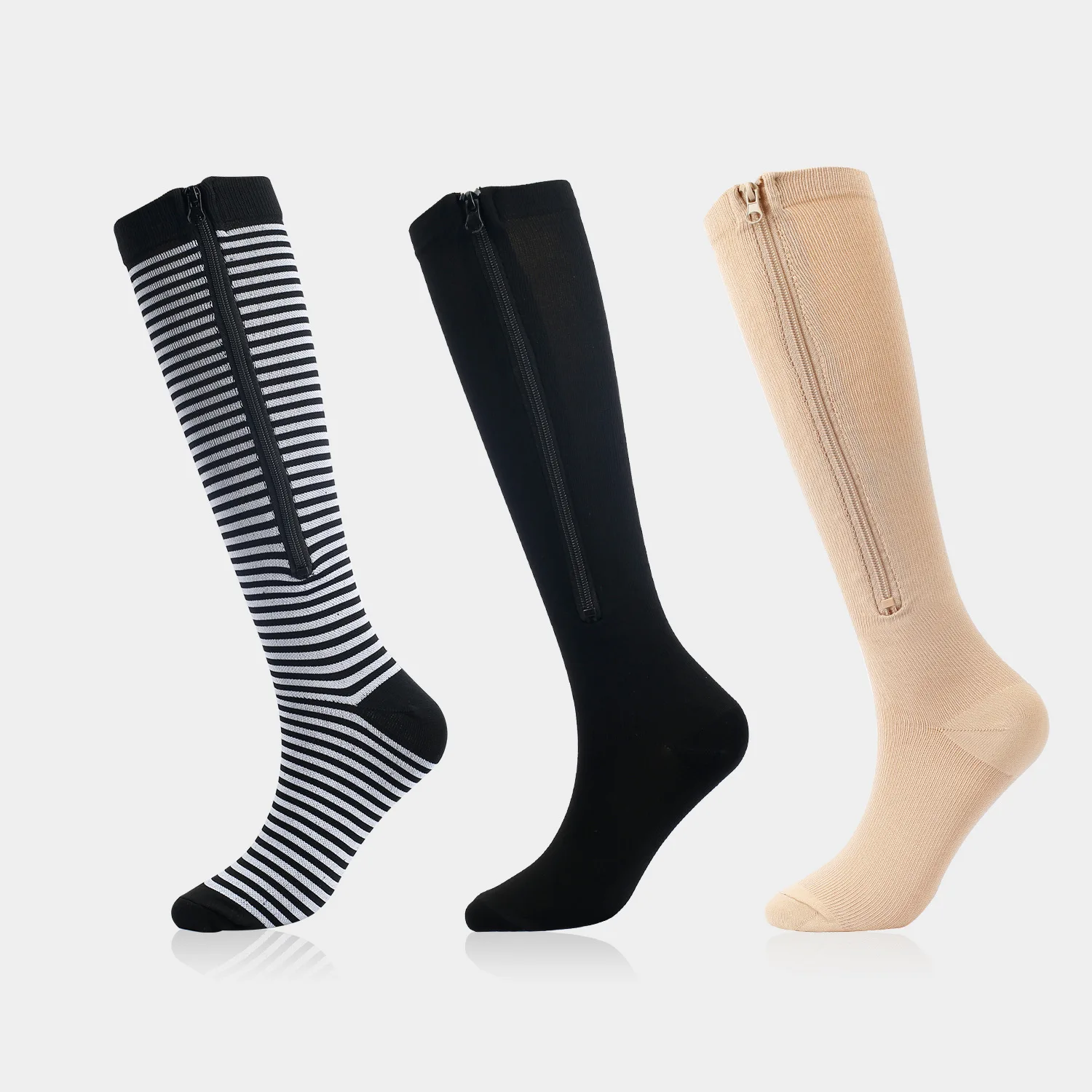 3 Pairs Long Tube Wrap Toe Zipper Pressure Socks Men's And Women's Stretch Cycling Running High Tube Zipper Socks Leg Socks