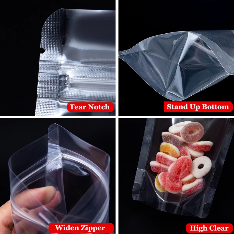 Resealable Stand Up High Clear Heat Sealing Plastic Storage Pouches Dried Fruits Nuts Candy Gifts Coffee Zip Lock Bags 50Pcs