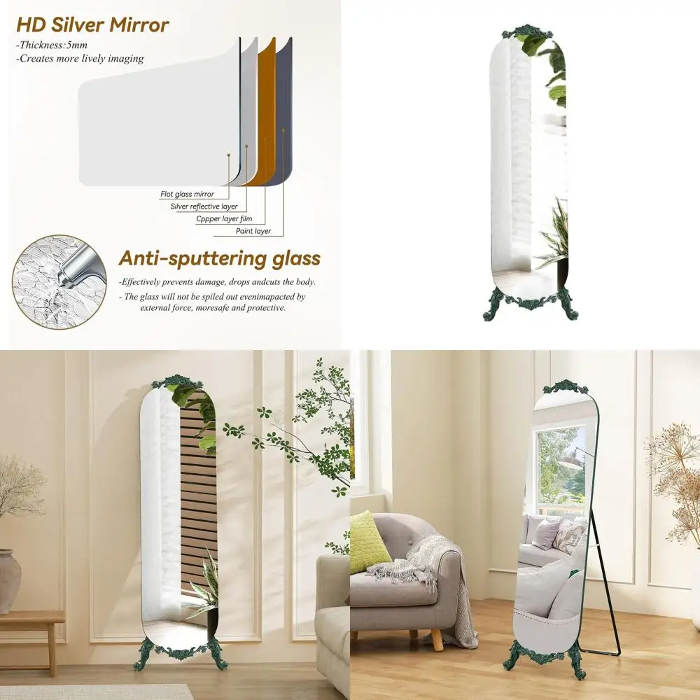 Vintage 63x20 Arched Floor Mirror with Baroque Carvings, Green, Suitable for Bedroom, Living Room, or Entryway