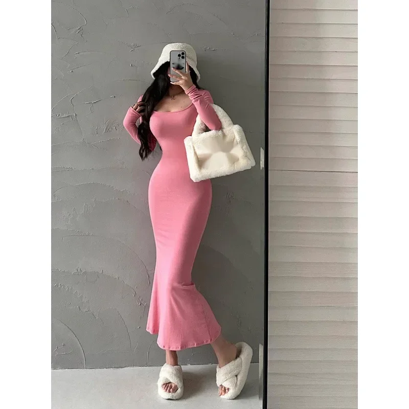 

Sexy Square Collar Tight Fishtail Dress Autumn Winter Korean Long Maxi Vestido Y2k Sweet Robe Women Bodycon Evening Dresses 원피스