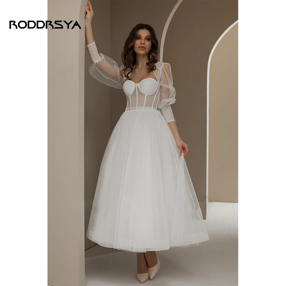 RODDRSYA Bling Glittter Boho Wedding Dresses For Women 2023 Sweetheart Full Sleeves Tulle Beach Backless Short Bridal Gown Civil