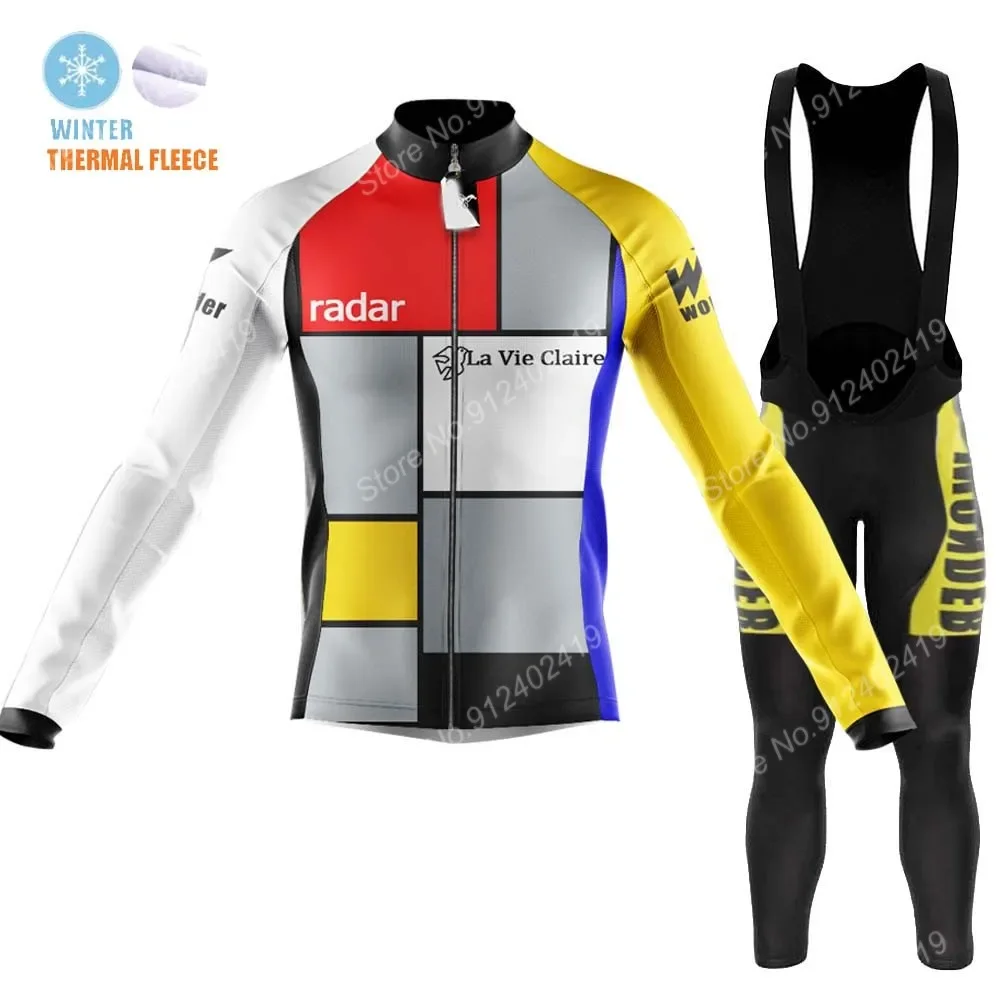 Winter La Vie Claire 2023 Mens Retro Cycling Jersey Set Clothing Suit Long Sleeve MTB Bike Road Pants Bib Ropa Ciclismo
