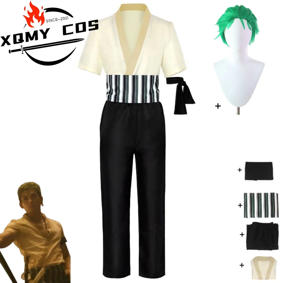 XqNew-Disfraz de Roronoa Zoro de película de Anime, uniforme azul Oriental para adultos y niños, pantalones superiores, traje de juego de rol para fiesta de Carnaval y Halloween