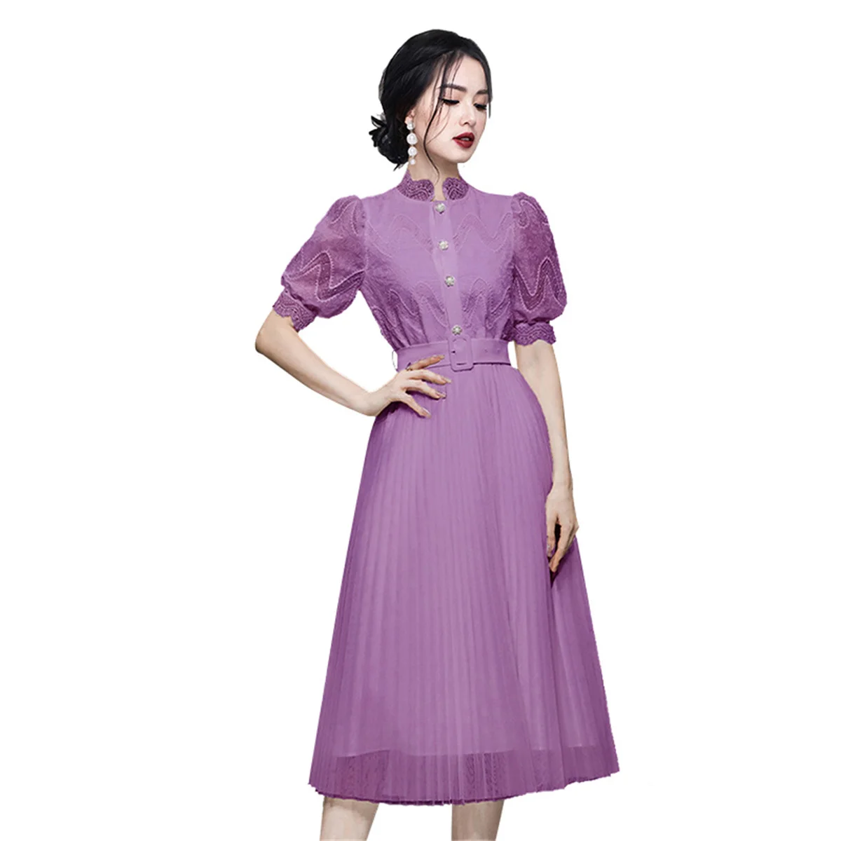 

Solid Lace Slim Midi Dresses For Women Stand collar Puff Sleeve Hollow out High Waist Temperament Embroidery Pleated Dress