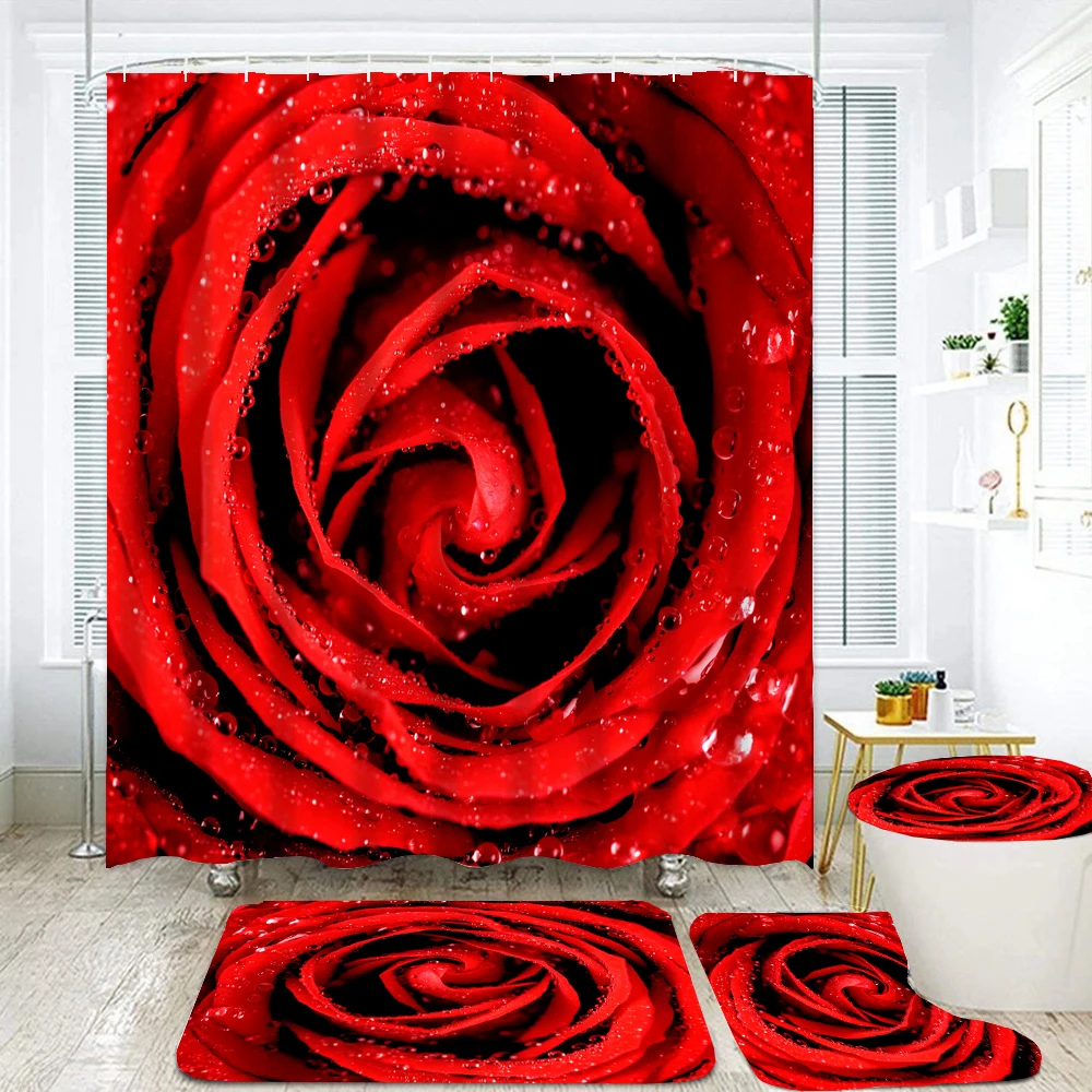 

Rose Flowers Waterproof Shower Curtain Set with 12 Hooks Toilet Covers Seat Bath Mats for Bathroom non-slip Rug Carpet Curtain