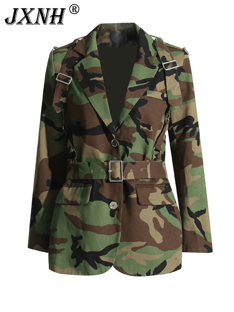 

JXNH Fashion Women's Camouflage Blazer Notched Collar Loose Single Breasted Sashes Long Sleeves Suit Jackets Autumn 2024 New