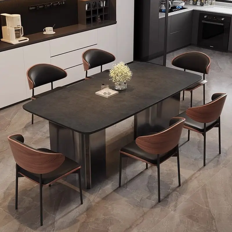 Mesa de jantar e cadeira de laje de rocha combinação italiana suporte completo placa de base de aço inoxidável moderno e minimalista casa luz luxo