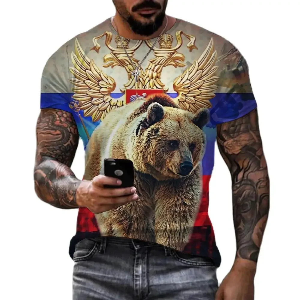 2024 Russian Bear 3D Printed T-shirt Men\'s Summer Fashion Collar Short Sleeve Russian Flag Oversized Street Wear