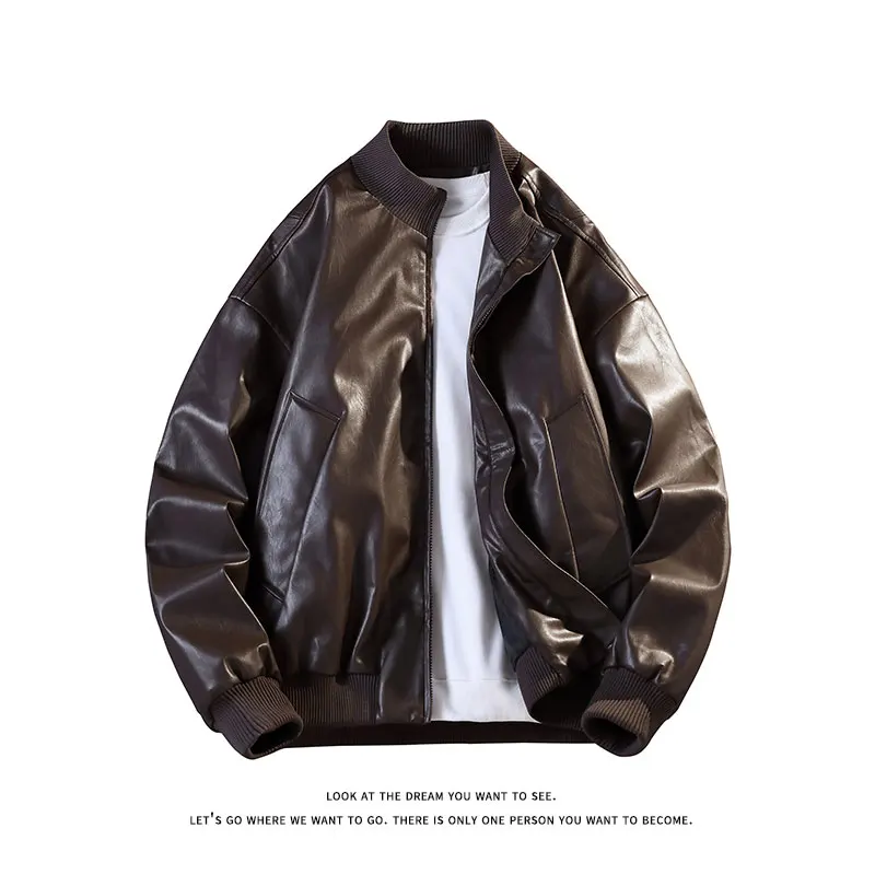 ربيع الخريف قصيرة المتضخم الأسود لينة بولي Leather سترة جلدية الرجال سستة معاطف جلدية ملابس عادية الأمريكية خمر #1