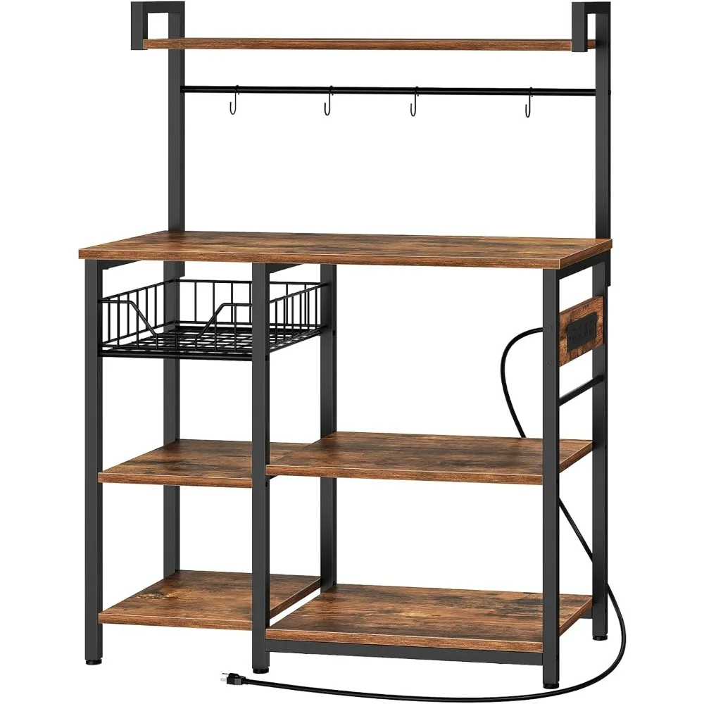 

Bakers Rack with Power Outlet, 35.4 Inches Coffee Bar with Mesh Basket, Microwave Stand with 4 S-Shaped Hooks