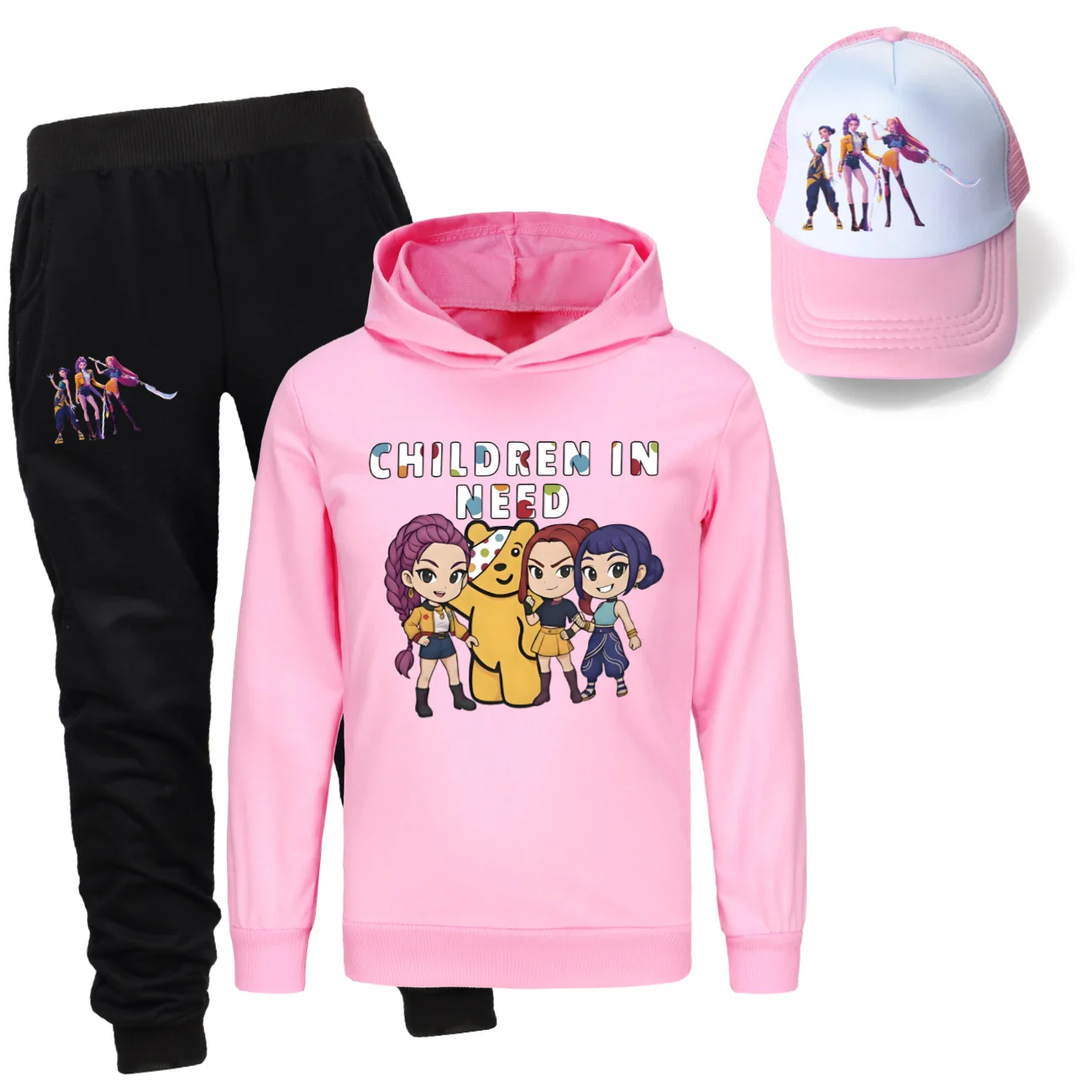 

Толстовка 2025 KPop Demon Hunters, детский комплект с капюшоном для мальчиков и девочек-подростков, толстовки с капюшоном со штанами, спортивный костюм, детская одежда + кепка, 3 шт.