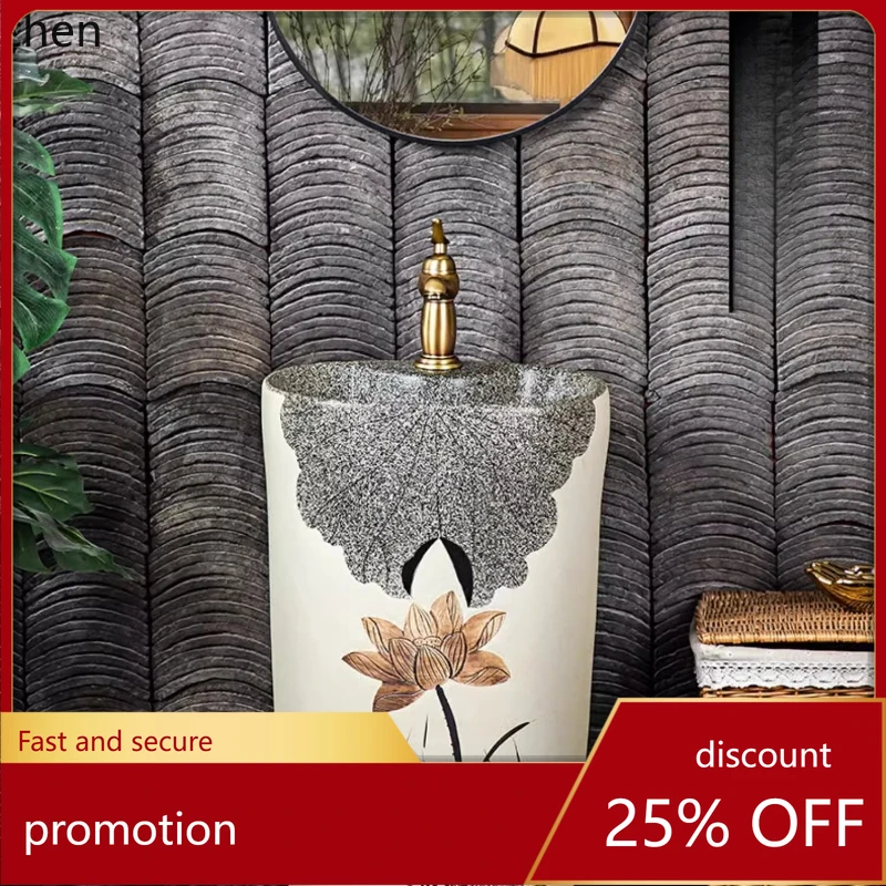 

HT Ceramic Pedestal Basin Bathroom Small Apartment Washbasin Integrated Sink Courtyard Outdoor Floor-standing Wash Basin
