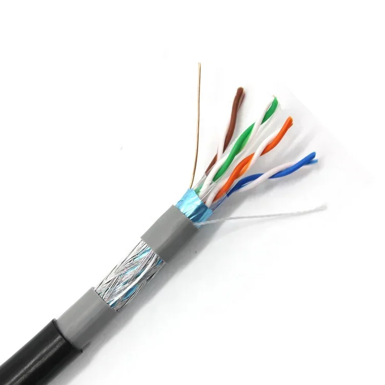 Câble Cat 6 extérieur blindé, gaine PVC + PE, feuille Al 90%, tressage cuivre sftp cat6 lan, 305m, 1000 pieds