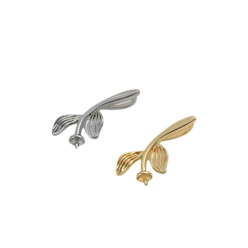 14K Real Gold Plated Copper Half Hole Pearl Bezel, Tree Branch & Leaf Pendants, DIY Pearl Jewelry Settings