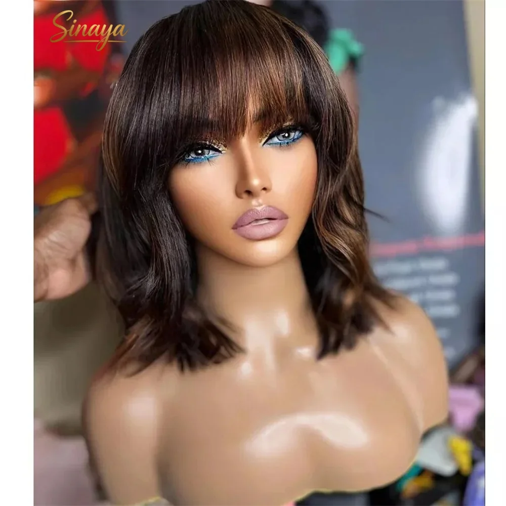 

Dark Brown Highlights Streaks Short Bob Lace Wig With Bangs Natural Wavy 13x4 HD Pre Plucked Glueless Synthetic High Quality Use