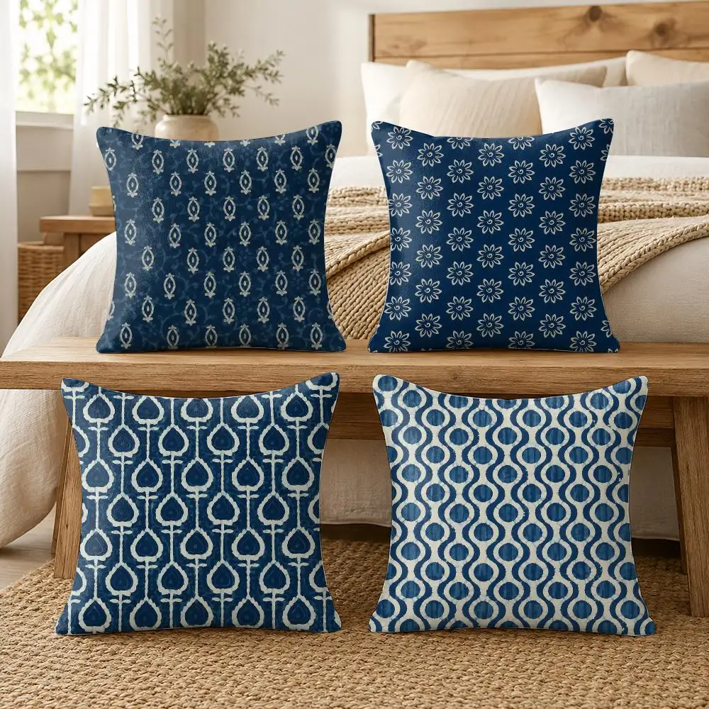 Indigo Batik Seamless Cushion Cover Silky Short Plush Invisible Zipper Dustproof Sofa Pillow Case For Home Decor