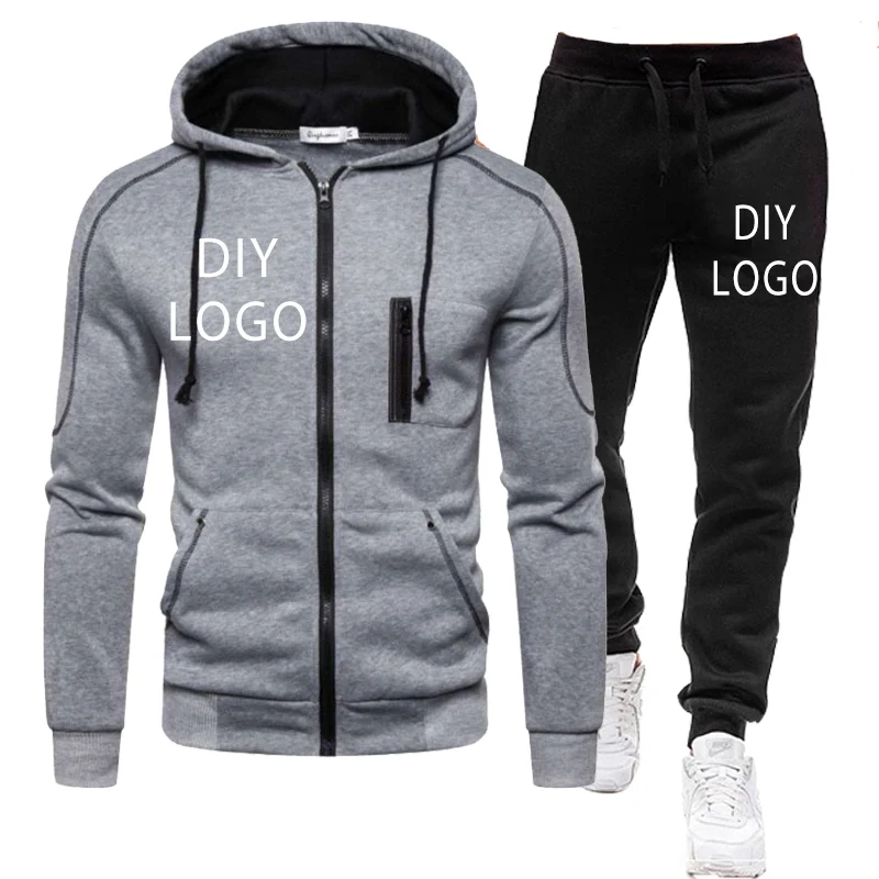 Custom LOGO Men Tracksuit Brand Autumn Spring Hooded Zipper Cardigan and Sweatpants Two Pieces Set DIY Design Male Sportswear