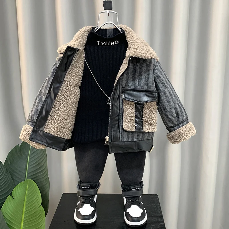 Cashmere Winter Baby Boys Warmth Coats Turn-down Collar Children Patchwork Leather Therme Jackets Kids Outfits For 1-11 Years