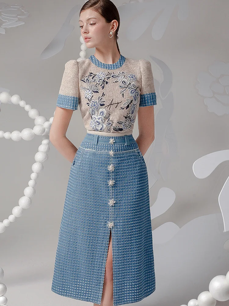 DEAT Elegant 2 Pcs Set Denim Splice Flower Embroidery Top Single-breasted Split Skirt Women's Party Suit 2024 Summer New 35Z794