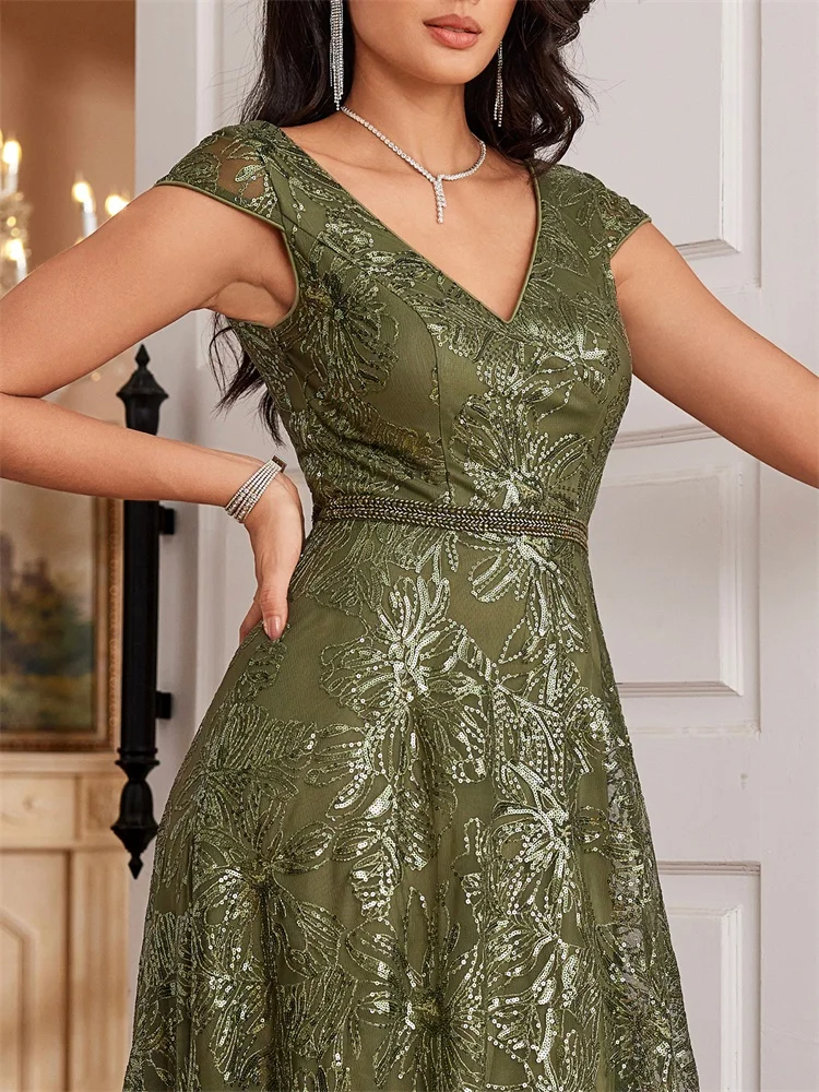 Lucyinlove New Luxury V-Neck Green Sequins Evening Dress Elegant Long Women V-back Wedding Party Long Prom Cocktail Dress Gowns