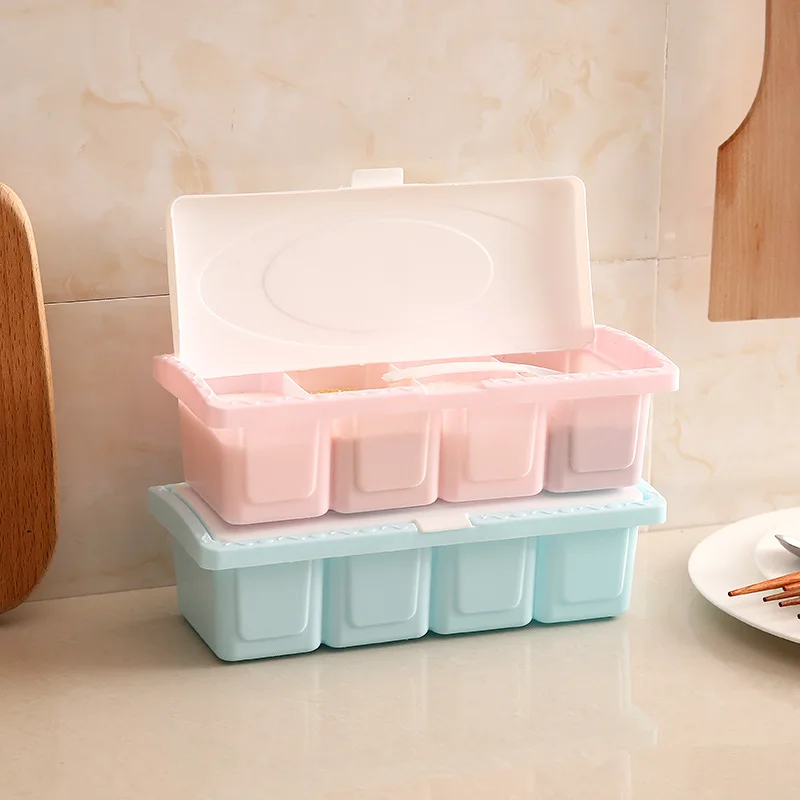 4-Compartment Seasoning Box Multi-Functional Plastic Salt And Msg Seasoning Box Kitchen Partition And Lid Seasoning Jar