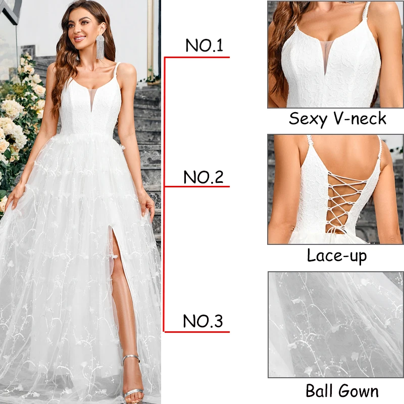 Suspensórios de renda sem costas para mulheres, design sexy com gola V, vestido branco elegante, vestido vintage, jardim, casamento, festa romântica