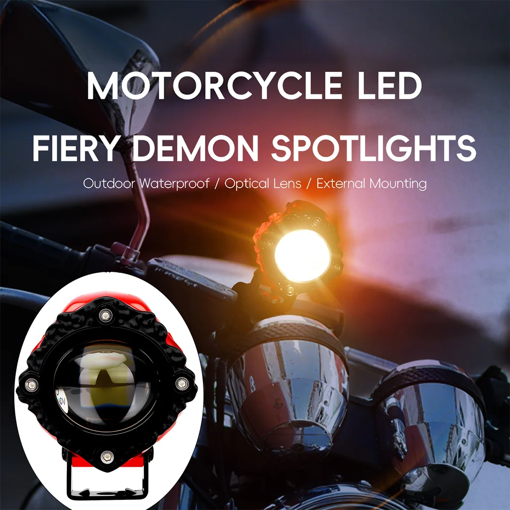 

20W Motorcycle LED Fiery Demon Spotlight 12-80V Waterproof Cool Lens Headlight Bulb Dual Color Strobe Flash Modes For Pedal Bike