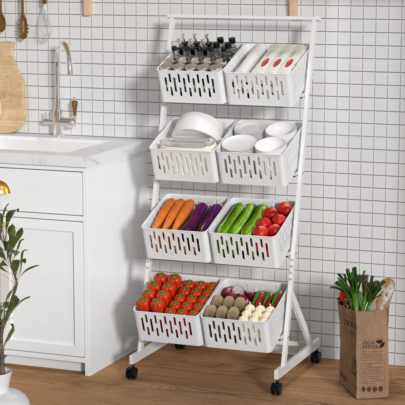 Kitchen basket storage rack, movable multi-layer storage rack, living room snack toy storage rack, small cart