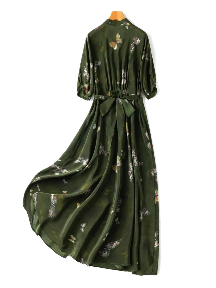 SuyaDream,Women Maxi Dresses100%Silk Crepe V Neck Side Vent Elegant Butterfly Prints Long Dress 2024 Spring Summer Green Clothes