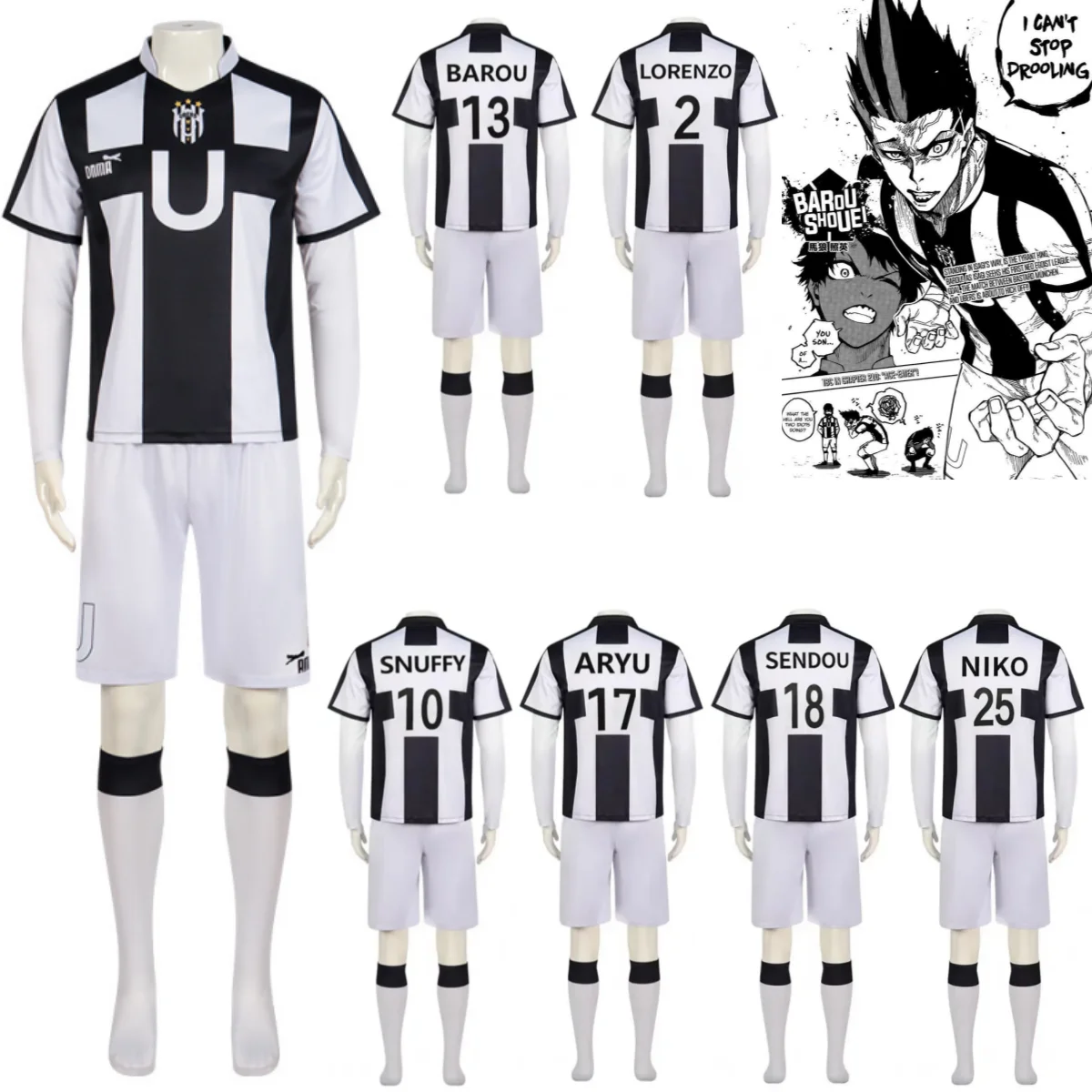 Anime Blue Lock Barou Shouei Cosplay Costumes UBERS Team Jersey Oliver Aiku Football Uniform NIKO SENDOU SNUFFY Halloween Set