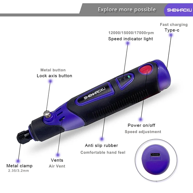 Moedor de ferramenta rotativa sem fio, broca elétrica, 3 velocidades, caneta de gravação ajustável, corte, polimento, perfuração com casa, acessórios diy