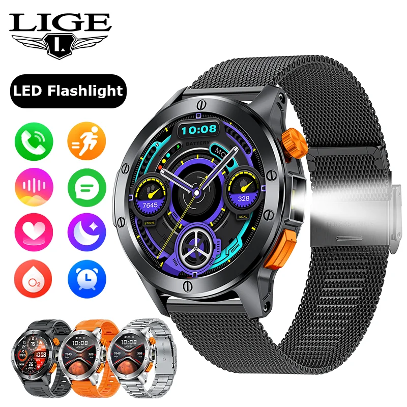 

LIGE Smart Watch IP68 Waterproof For Men Bluetooth Call Health Monitor With Flashlight 100+ Sports Modes Smartwatch For Android