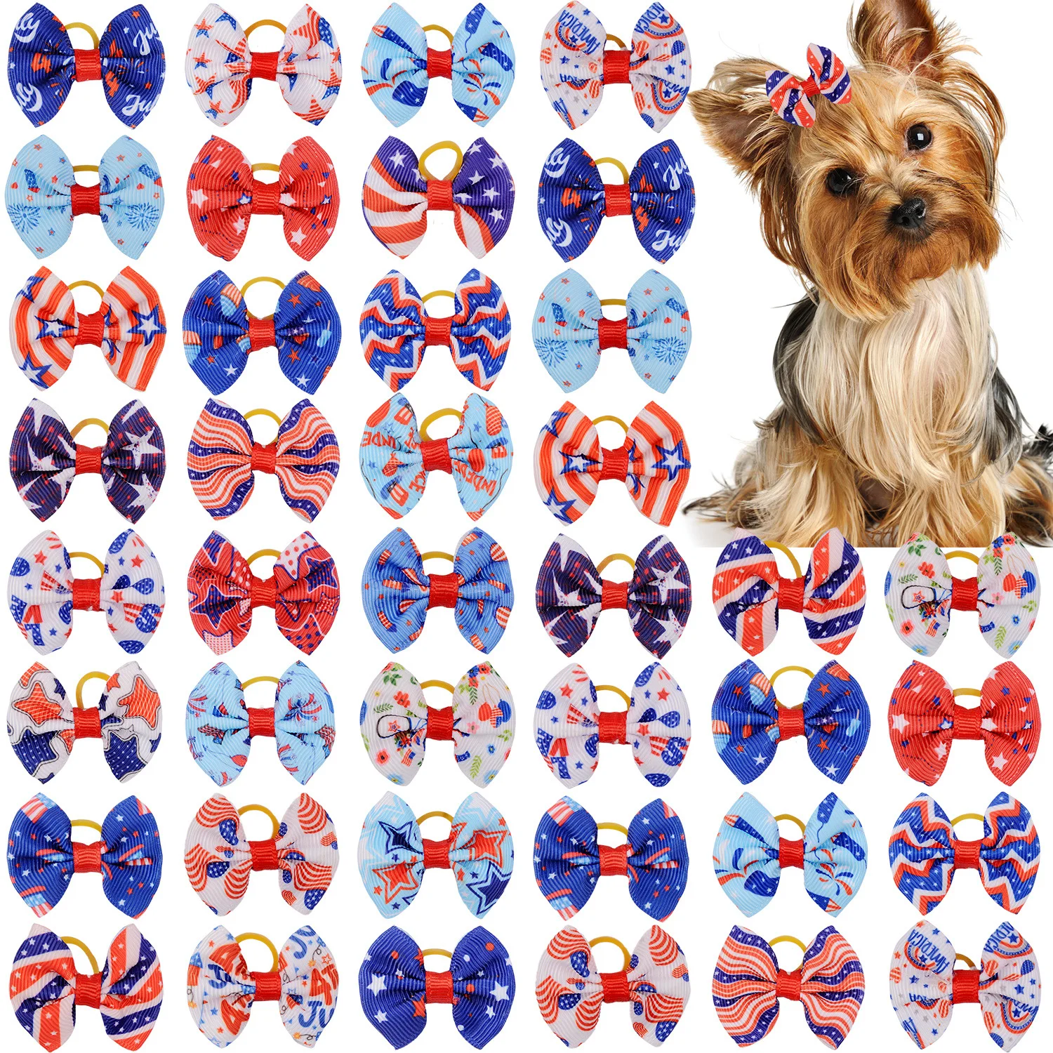 100pcs Independence Day dog topknot bows pet hair Rubber bands Patterns Large Bowknot Style dog hair accessories