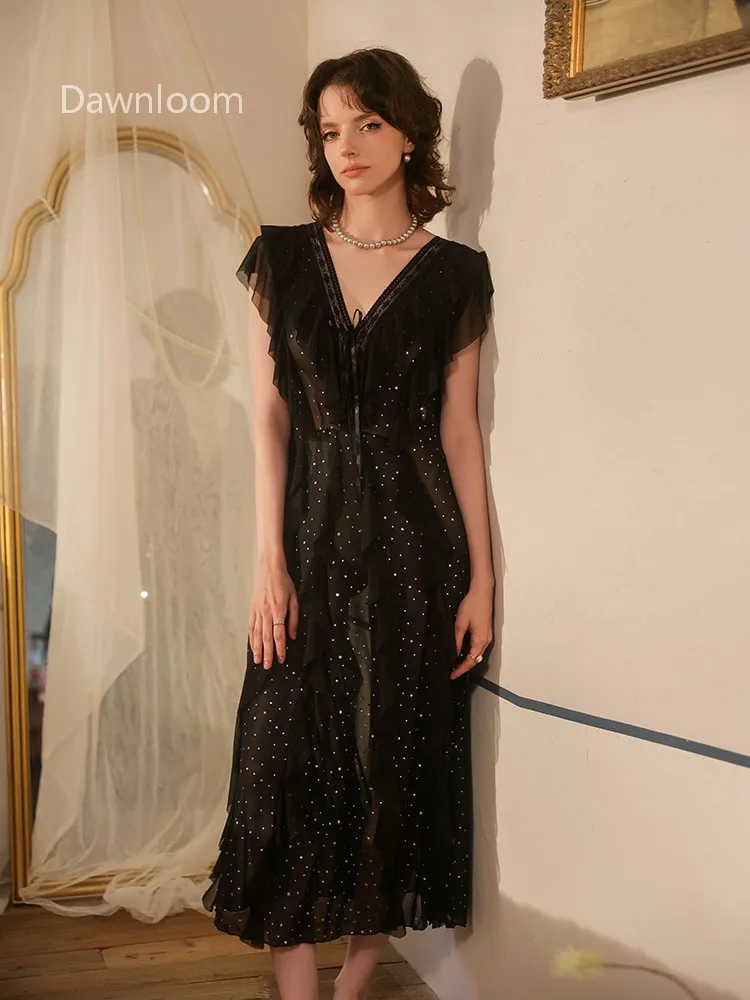 

Dawnloom* Women's Black Sequin Ruffled Deep V Long Nightgown Retro Sexy Luxury Loungewear Sleepwear
