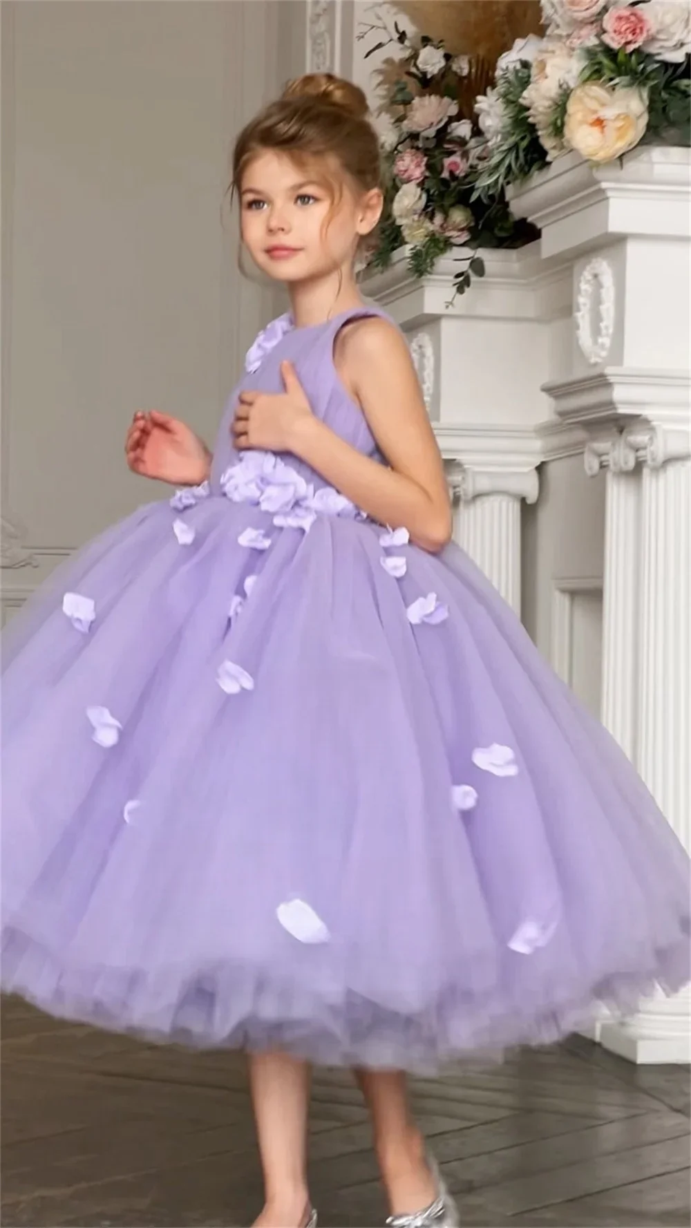 Dearin personalizado ombro cinto vestido de baile comprimento chá saias drapeado tule apliques vestidos da menina flor