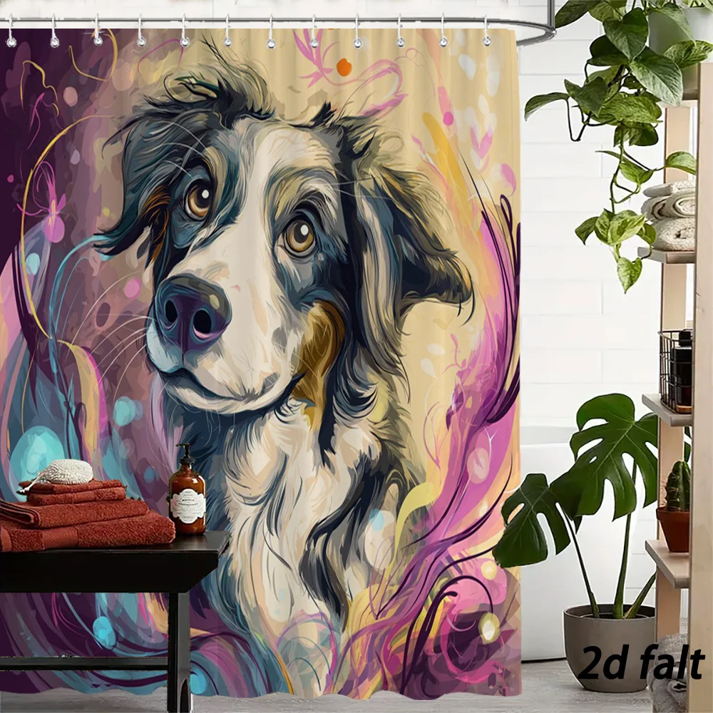 Artistic Dog Portrait Shower Curtain – Colorful Swirls, 2D Flat, 12 Hooks, 70.8×70.8 in, Polyester, Machine Washable
