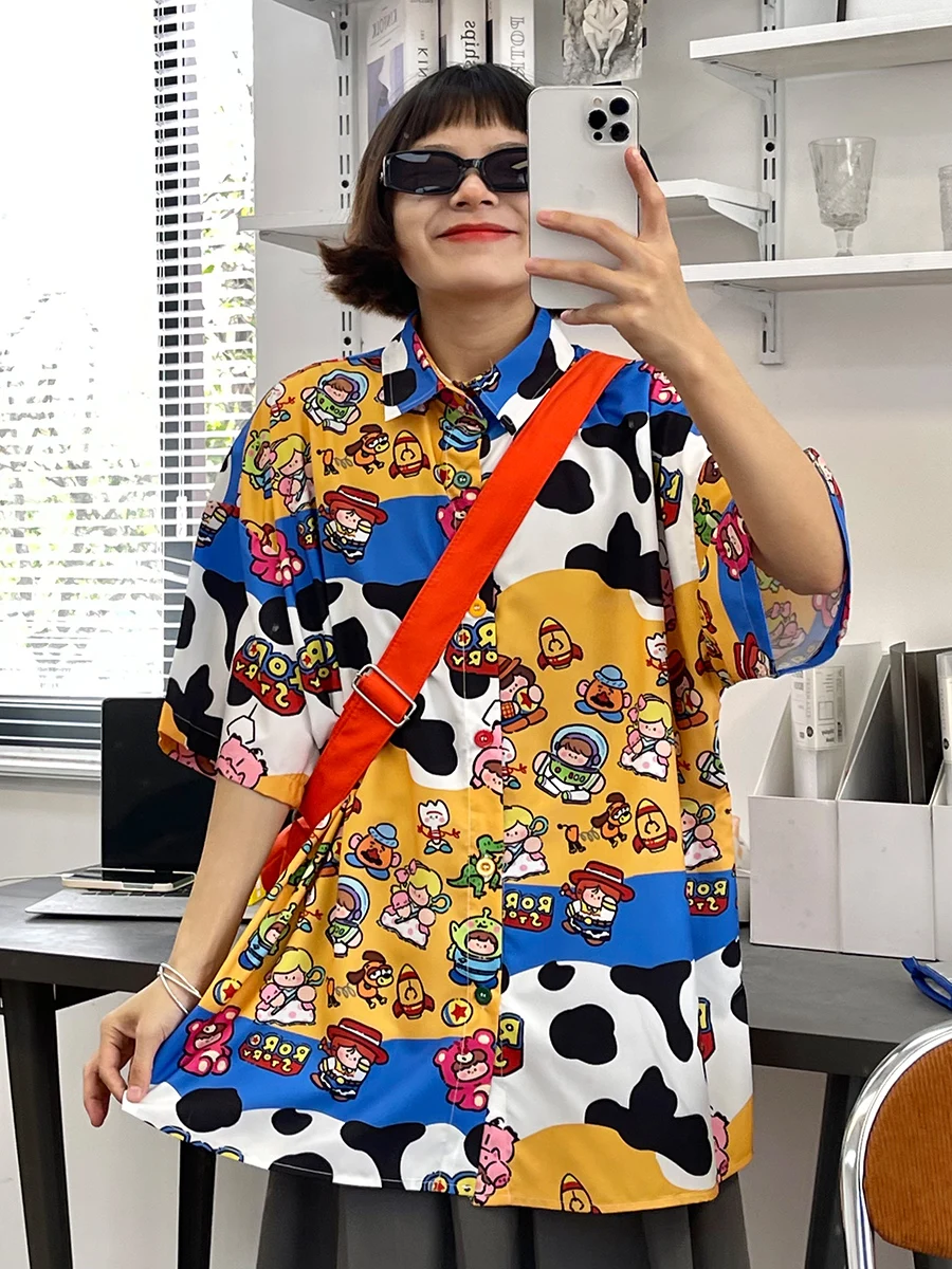 Cartoon Cow Short Sleeve Shirts Women's 2023 Summer New Loose Fit BF Childish Fun Retro Student Top Trend