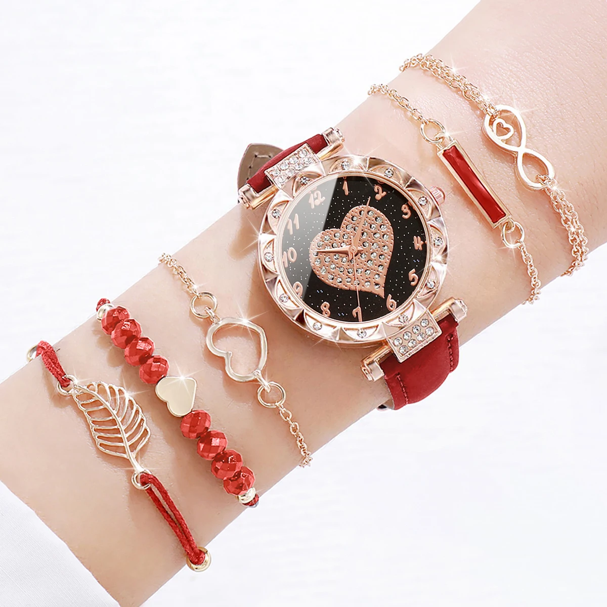 6PCS/Set Fashion Heart Dial Women\'s Watch Leather Band Quartz Watches Leaf Bracelets Set(Without Box)