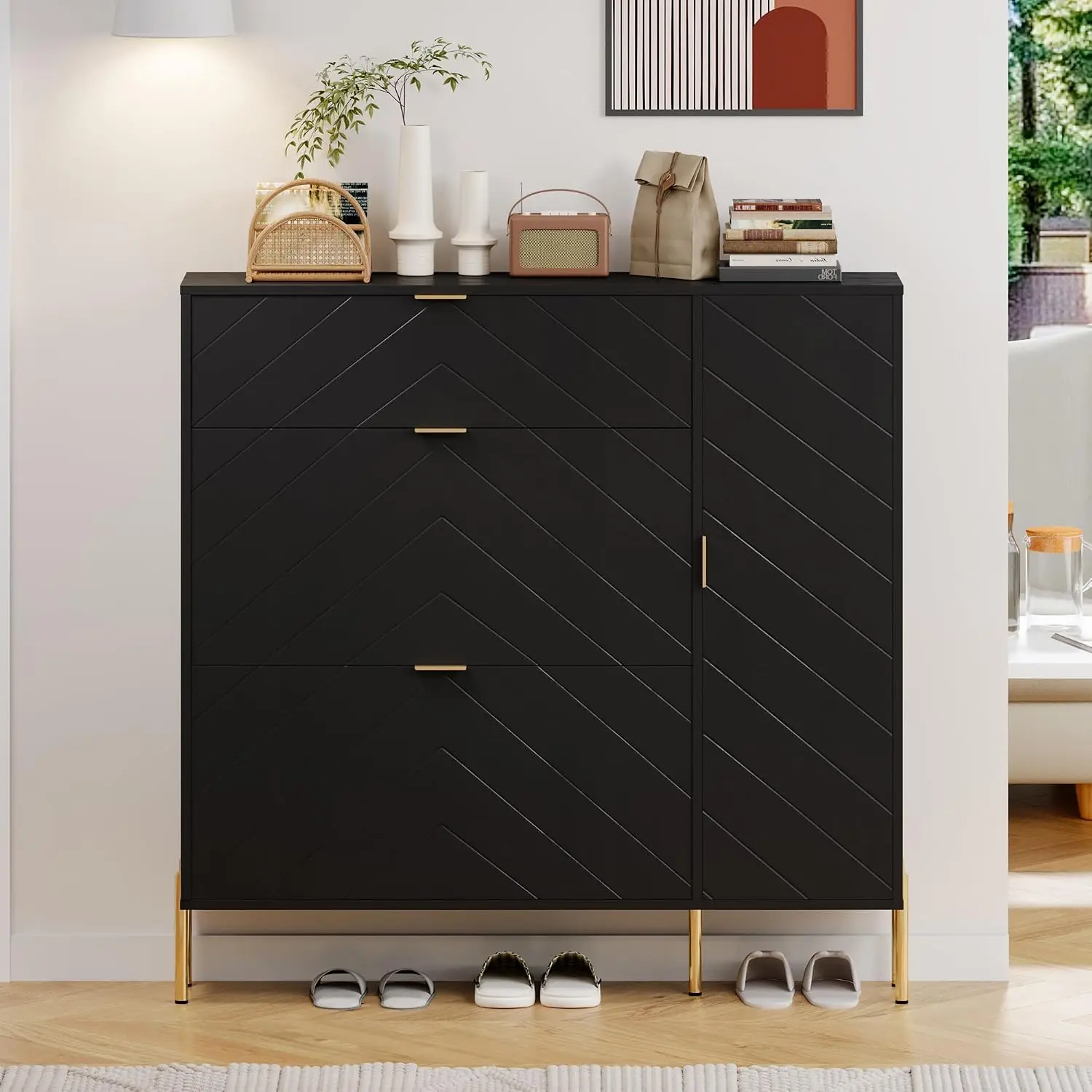 Herringbone Shoe Cabinet with Flip-Up Drawers & Adjustable Shelves, 16-Pair Entryway Storage with Gold Accents, Customized