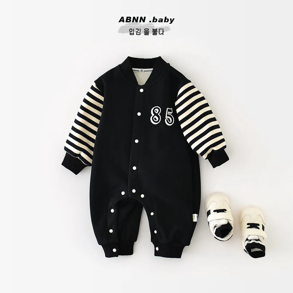 Autumn Winter Korean Newborn Boys Rompers Striped Spliced Sleeves Letter Fleece Thicken Baby Boys Bodysuit Infant Boys Jumpsuit