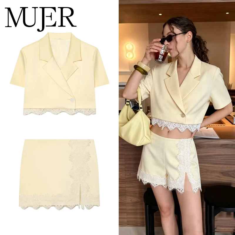MUJER Satin Lace Skort for Women's Suit Summer Mini Skirt Shorts Set 2 Piece Woman Shorts Fashion Cropped Blazers Woman Outfit