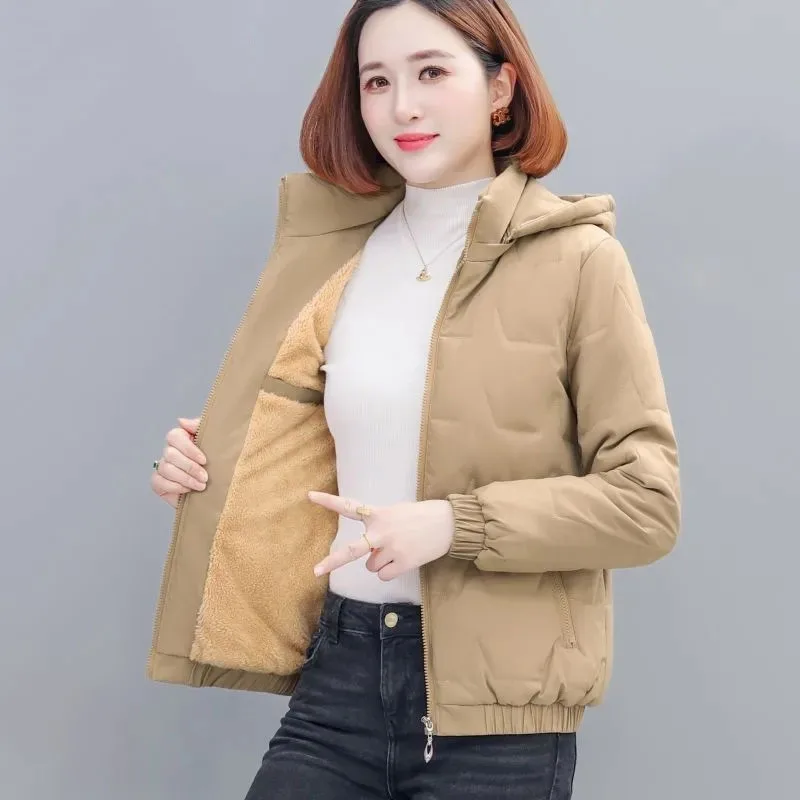 Short Female 2023 New Down Cotton-Padded Jacket Ladies Cotton-Padded Jacket Mother Winter Plus Velvet Padded Hooded Warm Coat