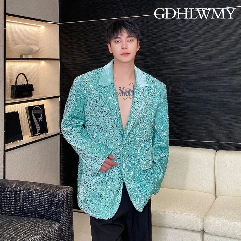 

GDHLWMY Autumn light luxury velvet sequin dazzling shoulder pad wide suit trend evening party stage performance jacket