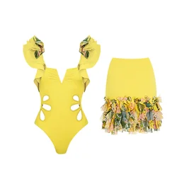 Bañador Retro amarillo de una pieza para mujer, ropa de playa para vacaciones, traje de baño de diseñador sólido, ropa de Surf de verano