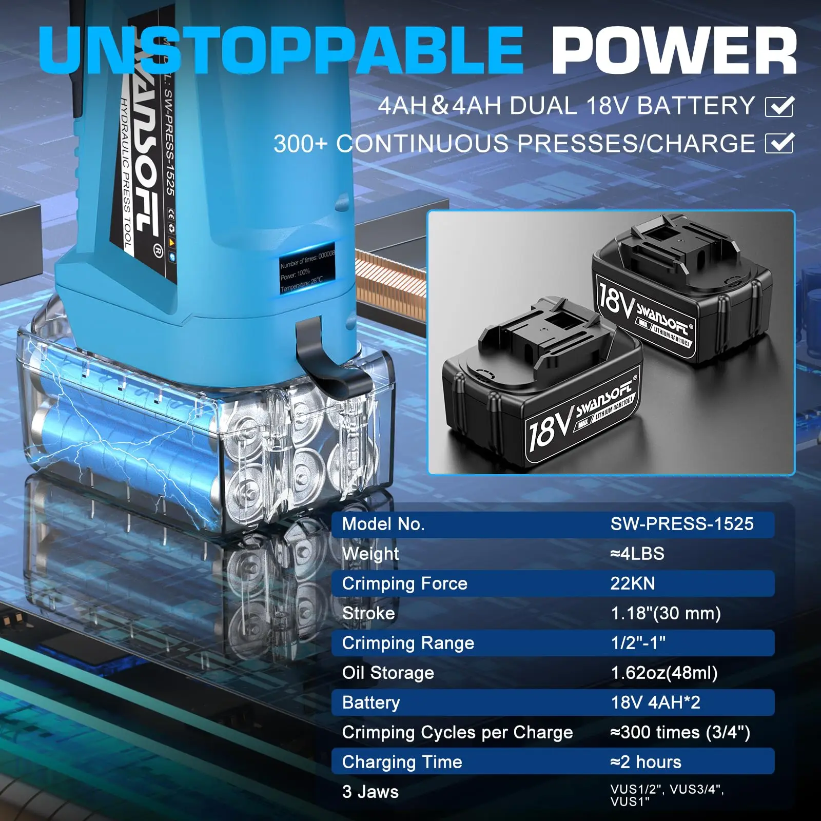 أداة مكشكشة نحاسية 22KN 18V 4Ah مع 3 أداة تجعيد أنابيب فكي قياسية أمريكية، أداة ضغط لاسلكية