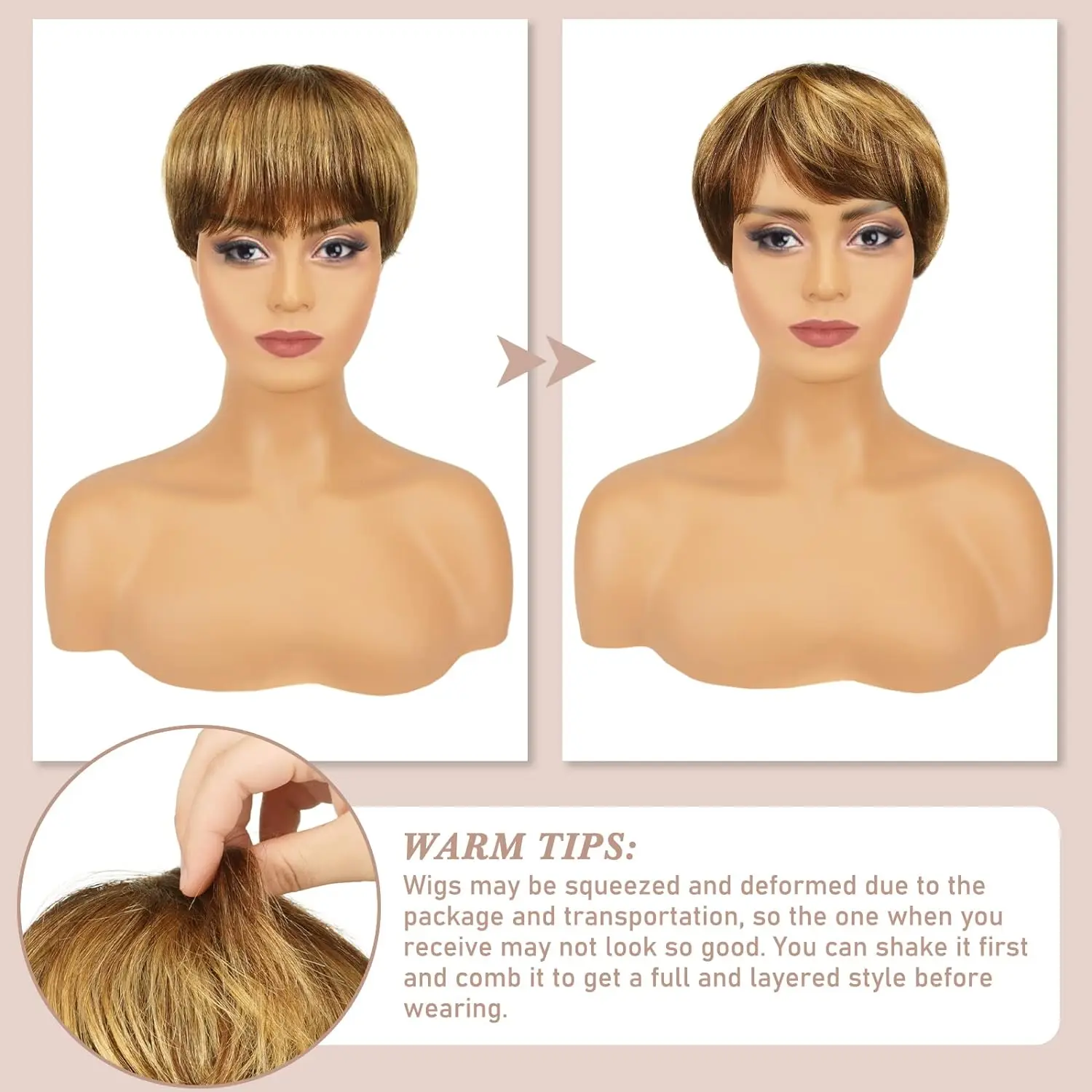 Pixie Cut Wigs for Women Syntheic Wigs Short Layered Wigs Upper Brown&Blonde Mixed Lower Black Wig