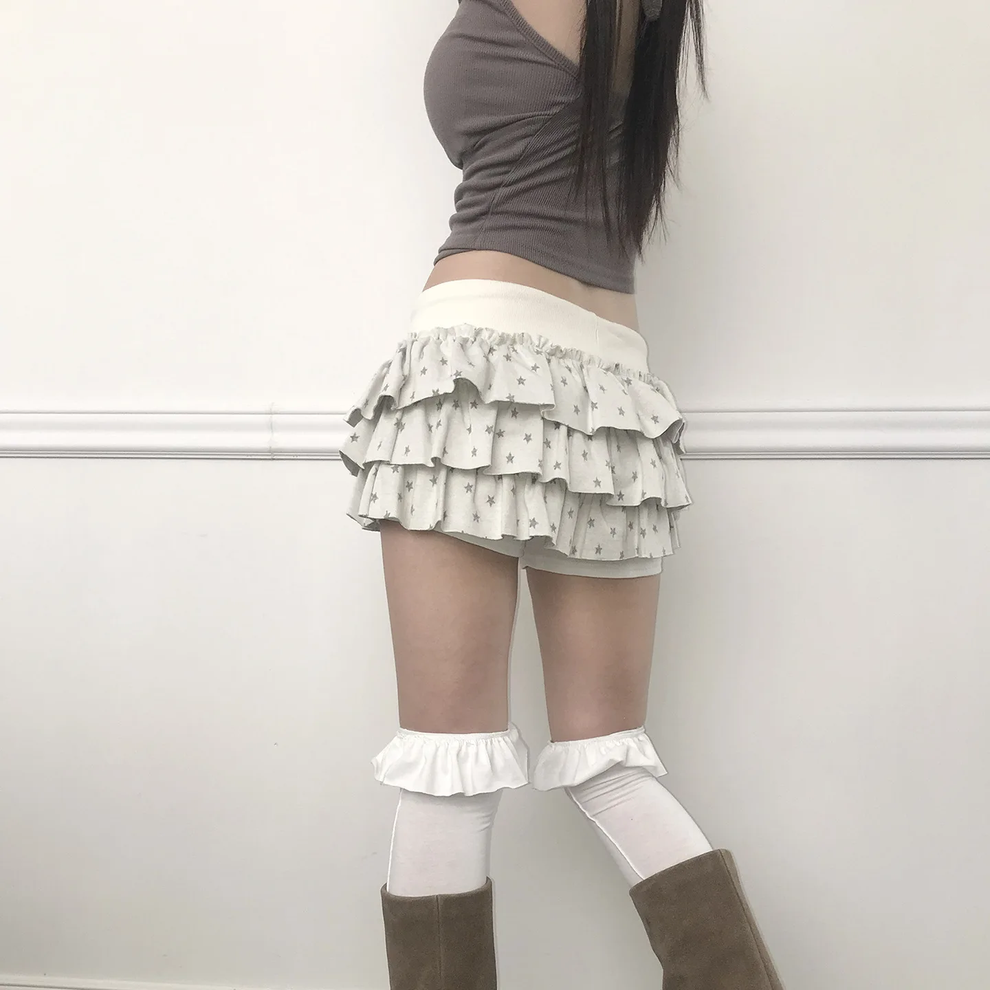 Star Printing Contrasting Color Elastic Double-layer Cake Skirt Y2k Skirt