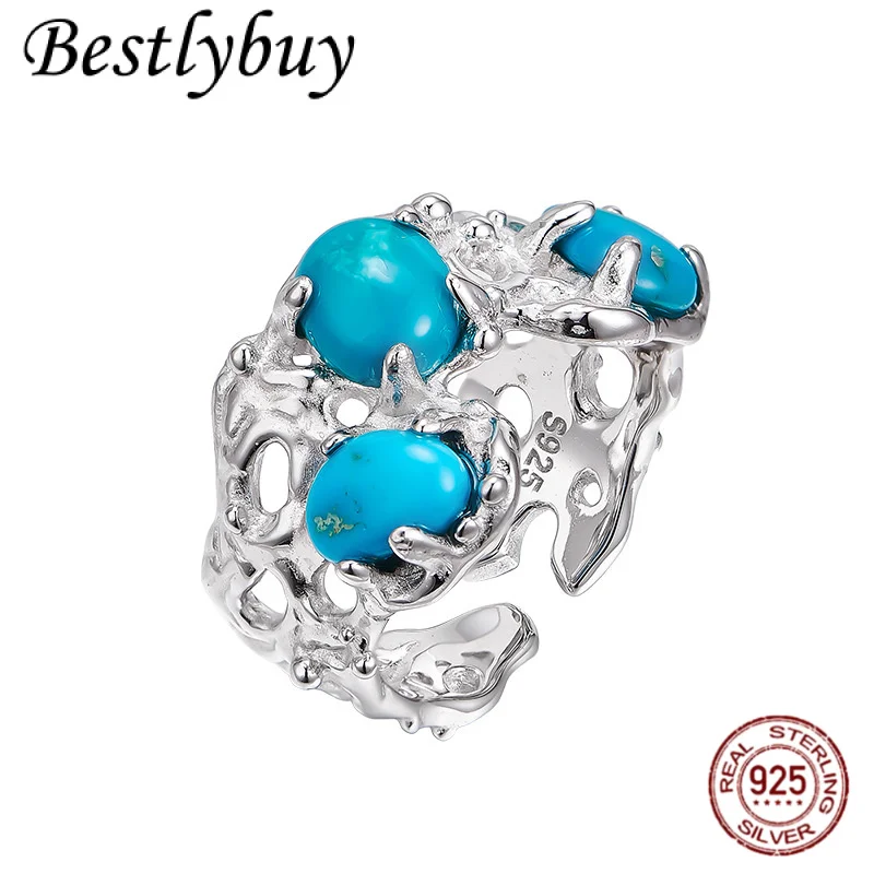 

Retro Hollow Irregular Natural Turquoise Ring s925 Pure Silver Light Luxury Fashionable French Ring Women's Banquet Jewelry