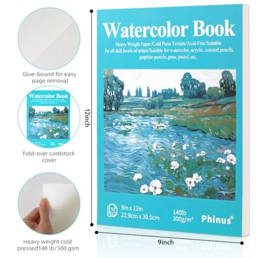 18 Sheets Watercolor Paper, Cold Press Watercolor Sketchbook 140lb/300gsm,Tape Bound Watercolor Paper Pad for Adults,Mixed Medi view 2