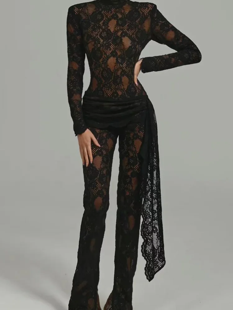 Laura Kors 2025 mujeres verano Sexy manga larga encaje ahuecado negro diseñador hecho a mano celebridad fiesta Club traje